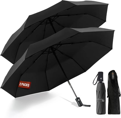 Travel Umbrella 2 Pack - Windproof Automatic Umbrellas for Rain Small Set for Family & Students, Lightest 8-Rib, Strong & Portable, College Travel Essentials Perfect for Home Office & Car, Factory Direct