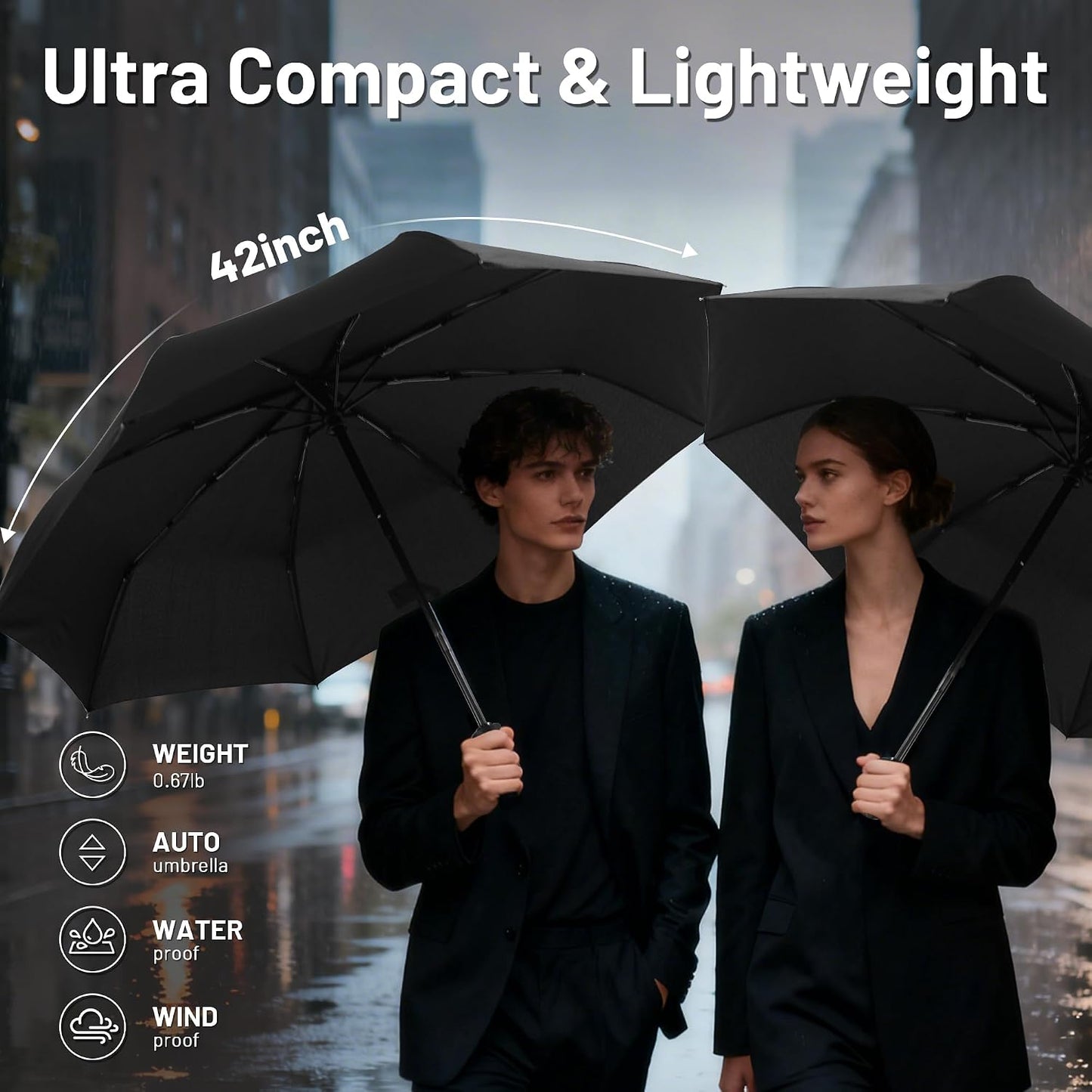 Travel Umbrella 2 Pack - Windproof Automatic Umbrellas for Rain Small Set for Family & Students, Lightest 8-Rib, Strong & Portable, College Travel Essentials Perfect for Home Office & Car, Factory Direct