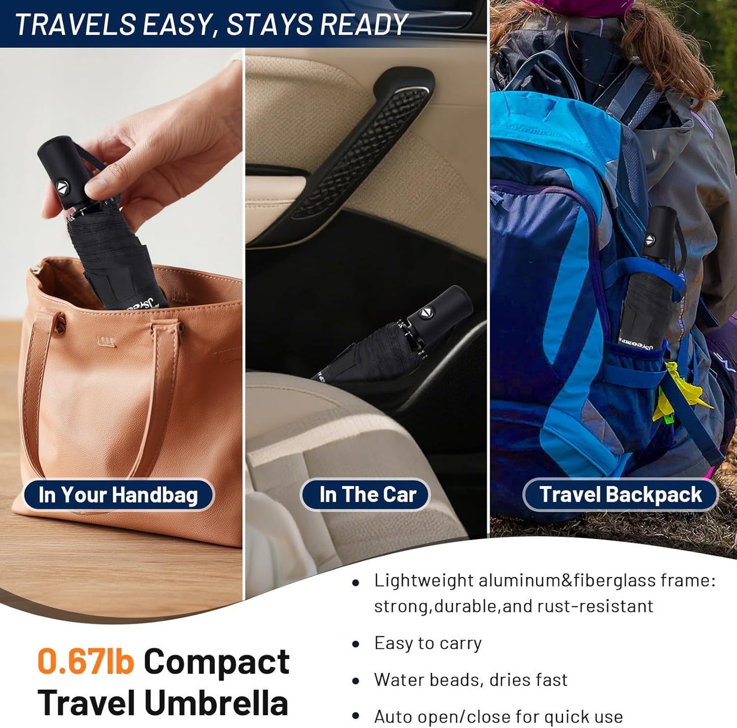 Travel Umbrella 2 Pack - Windproof Automatic Umbrellas for Rain Small Set for Family & Students, Lightest 8-Rib, Strong & Portable, College Travel Essentials Perfect for Home Office & Car, Factory Direct