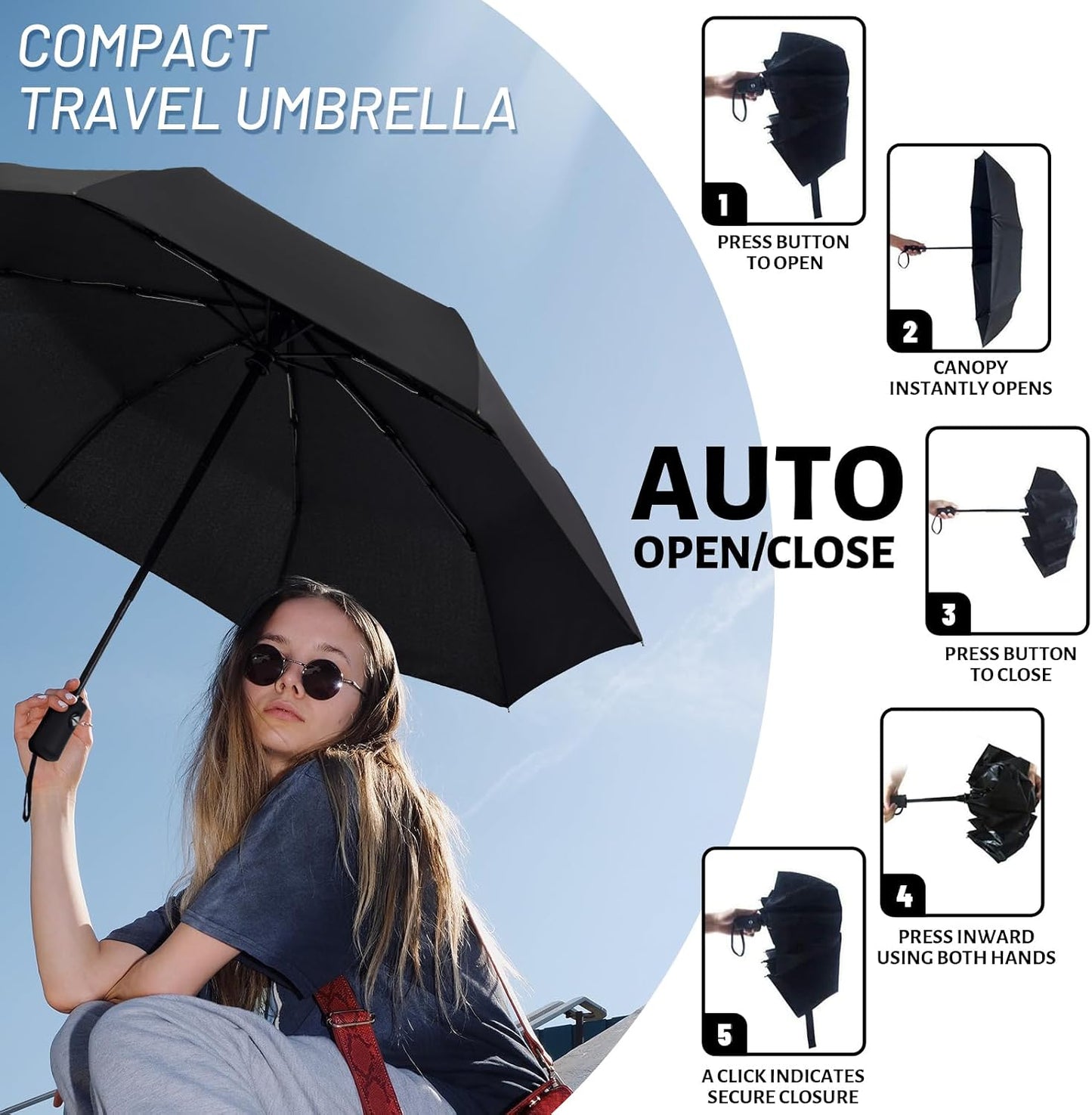 Travel Umbrella 2 Pack - Windproof Automatic Umbrellas for Rain Small Set for Family & Students, Lightest 8-Rib, Strong & Portable, College Travel Essentials Perfect for Home Office & Car, Factory Direct