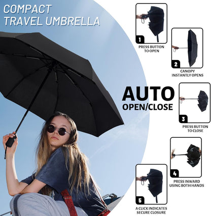 Travel Umbrella 2 Pack - Windproof Automatic Umbrellas for Rain Small Set for Family & Students, Lightest 8-Rib, Strong & Portable, College Travel Essentials Perfect for Home Office & Car, Factory Direct