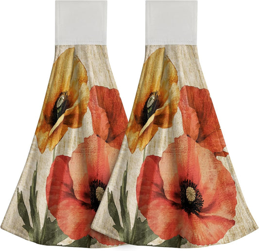 Vintage Poppy Kitchen Hanging Towel Rustic Yellow Orange Flowers Hand Tie Towels with Loop Hook Spring Summer Floral Soft Washcloth Set of 2 Bathroom Laundry Room Tea Towel Decoration