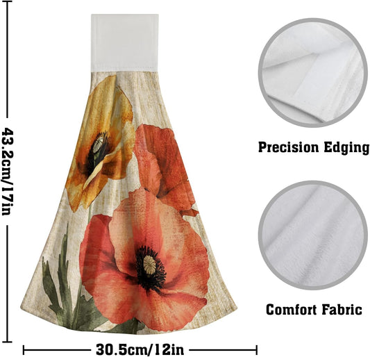 Vintage Poppy Kitchen Hanging Towel Rustic Yellow Orange Flowers Hand Tie Towels with Loop Hook Spring Summer Floral Soft Washcloth Set of 2 Bathroom Laundry Room Tea Towel Decoration