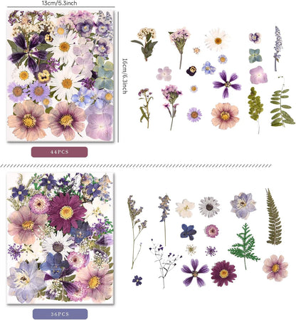 80PCS Pressed Dried Flowers & Leaves, Natural Color | Real Pressed Flowers, Includes Tweezers, For DIY Crafts, Resin Jewelry, Cards, Soap,CandleMaking, Nail Art,Scrapbooking