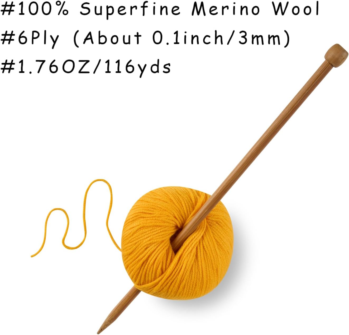 100% Merino Wool Yarn, 6-Ply Luxurious and Soft Yarn for Hand Knitting & Crocheting, 1.76 OZ/50g, 127 yds/116 Meters(Golden Yellow, 1 Ball)