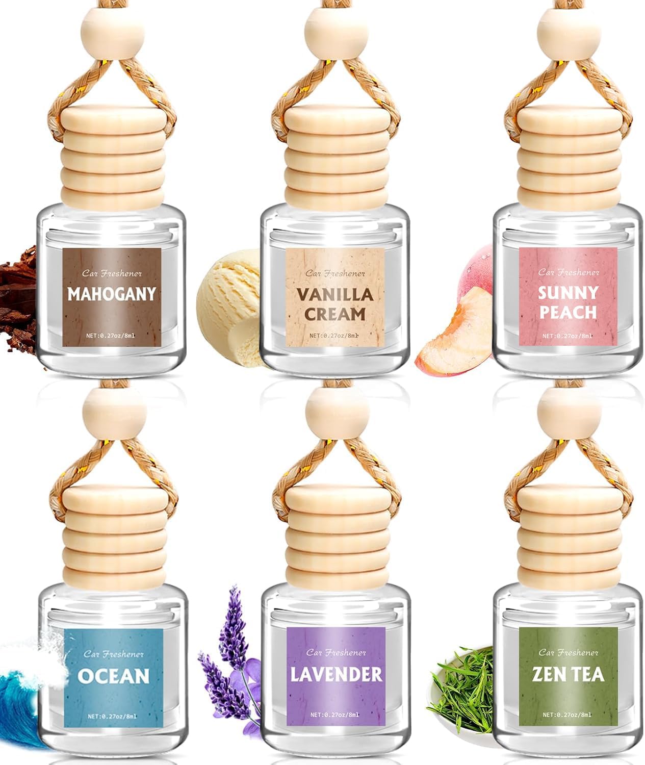 6Pack Car Air Freshener, Hanging Essential Oil Air Freshener Diffuser | Long-Lasting Fragrance Odor Eliminator, Cute Car Interior Decor Auto Car Scents Accessories Gifts for Women & Men