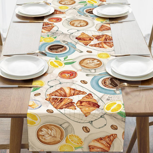 Watercolor French Breakfast Coffee Dining Table Runner, Food Brunch Croissant Lemon Jam Burlap Dinning Room Kitchen Decor, Cafe Bar Station Indoor Outdoor Home Decor Party Supply 13''x72''