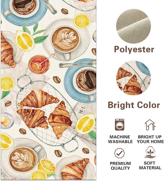 Watercolor French Breakfast Coffee Dining Table Runner, Food Brunch Croissant Lemon Jam Burlap Dinning Room Kitchen Decor, Cafe Bar Station Indoor Outdoor Home Decor Party Supply 13''x72''