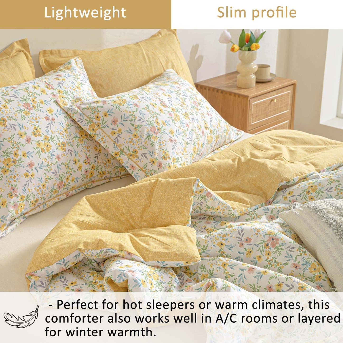 ALEISSEL Natural Cotton 3pcs Floral Comforter Sets Queen Size-Yellow Comforter with Pink & Yellow Flowers and Blue & Green Leaves on White, Reversible Lightweight Bedding Sets(Queen 90"×90")