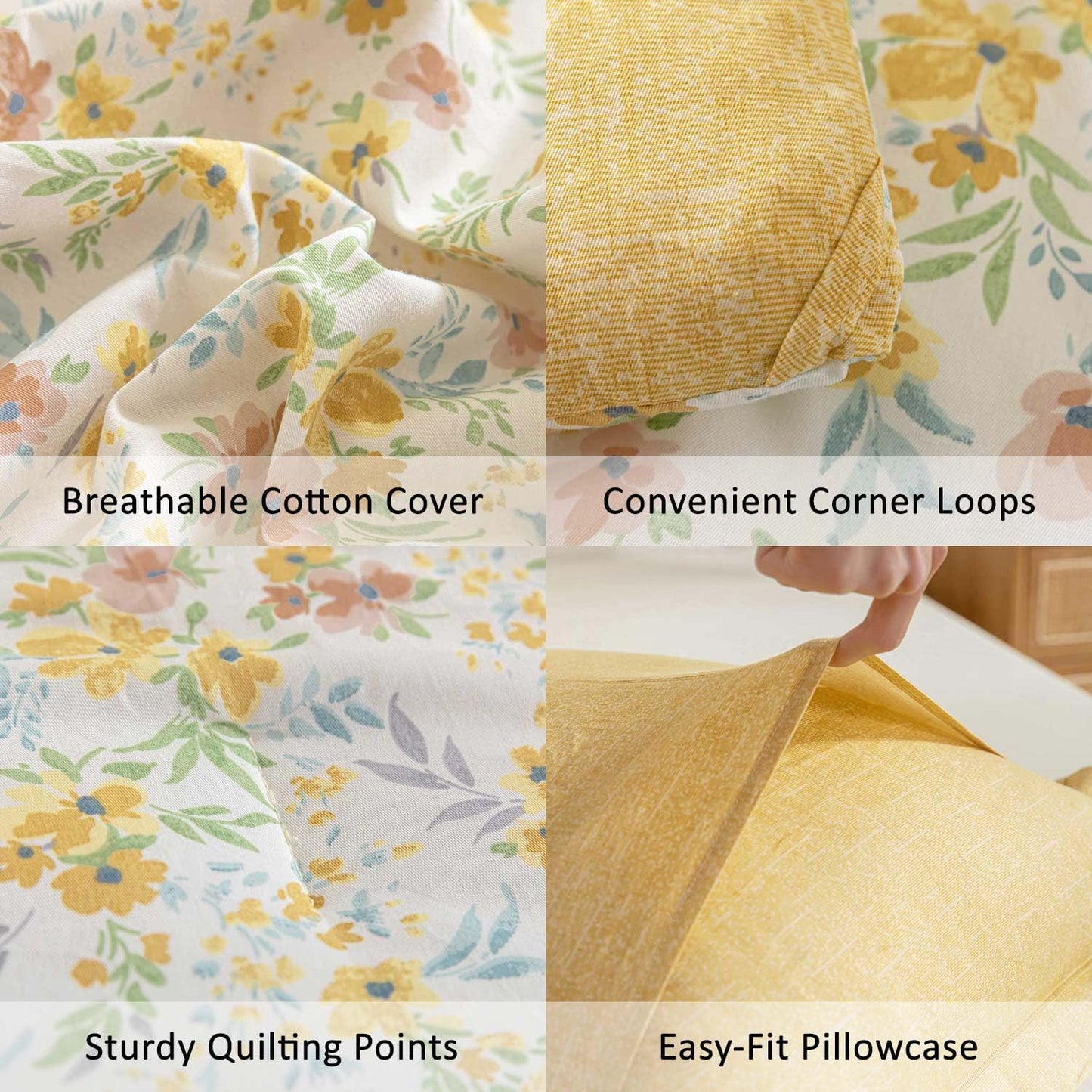 ALEISSEL Natural Cotton 3pcs Floral Comforter Sets Queen Size-Yellow Comforter with Pink & Yellow Flowers and Blue & Green Leaves on White, Reversible Lightweight Bedding Sets(Queen 90"×90")