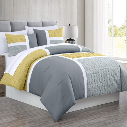 Bernard 7-Piece Full Bed in a Bag - Yellow Charcoal Gray Pieced Color Block Bedding Embossed Medallion Quilted Patchwork Comforter Set with Bed Sheets for All Season
