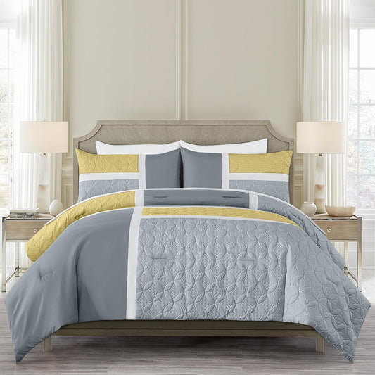 Bernard 7-Piece Full Bed in a Bag - Yellow Charcoal Gray Pieced Color Block Bedding Embossed Medallion Quilted Patchwork Comforter Set with Bed Sheets for All Season