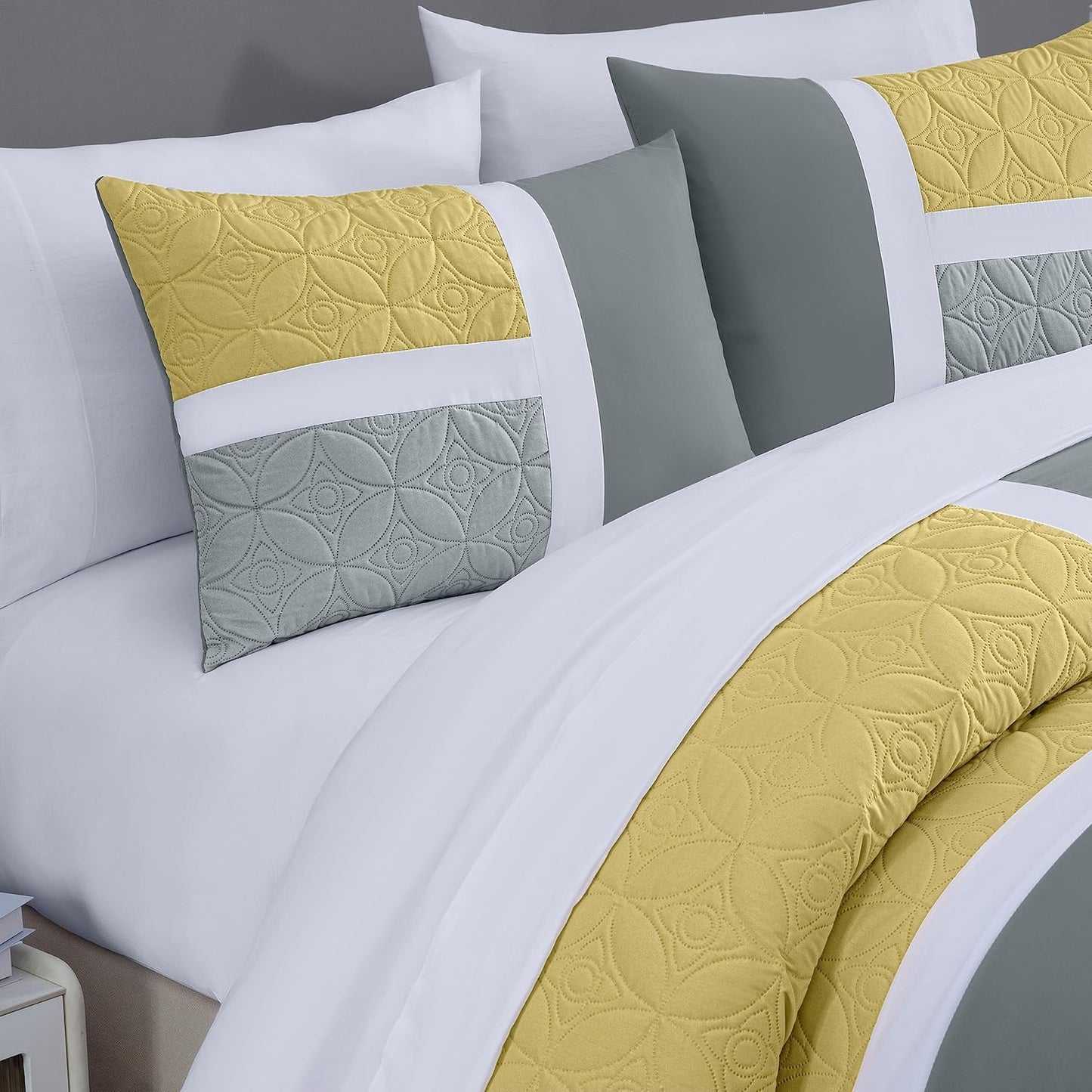 Bernard 7-Piece Full Bed in a Bag - Yellow Charcoal Gray Pieced Color Block Bedding Embossed Medallion Quilted Patchwork Comforter Set with Bed Sheets for All Season