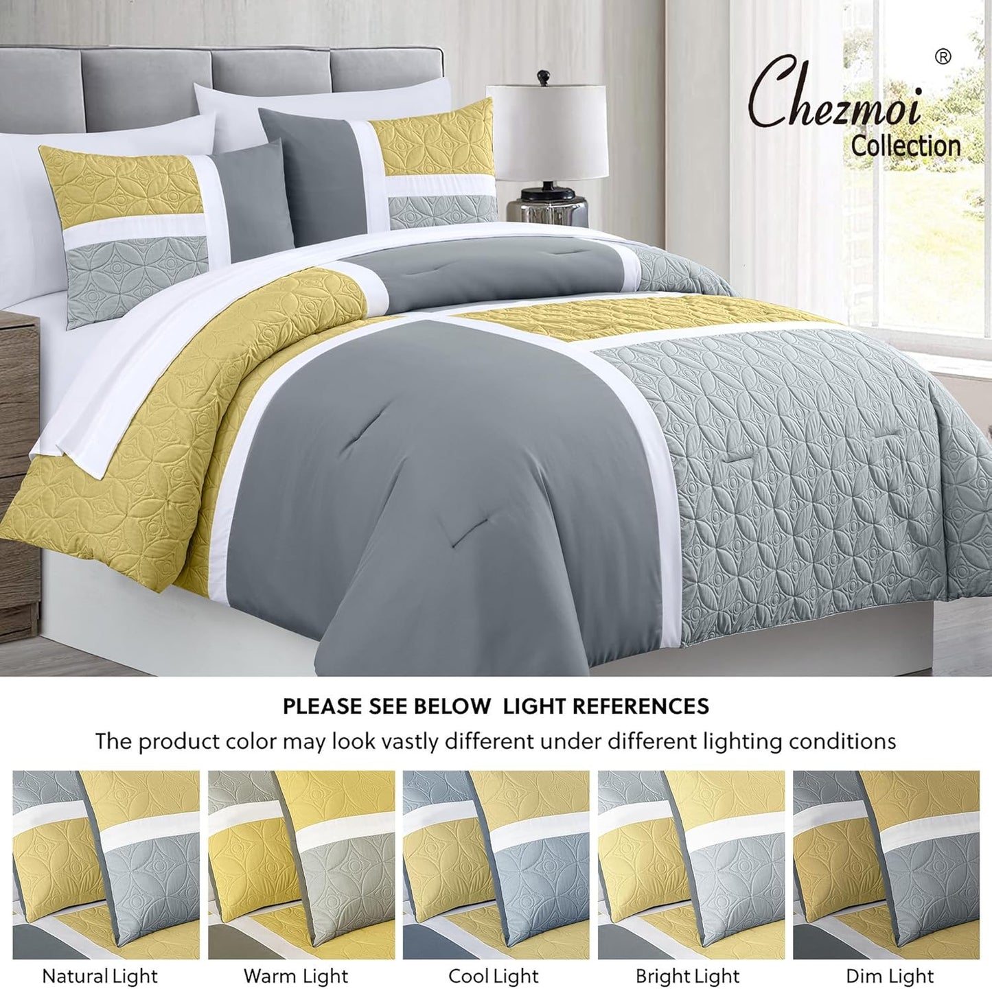 Bernard 7-Piece Full Bed in a Bag - Yellow Charcoal Gray Pieced Color Block Bedding Embossed Medallion Quilted Patchwork Comforter Set with Bed Sheets for All Season