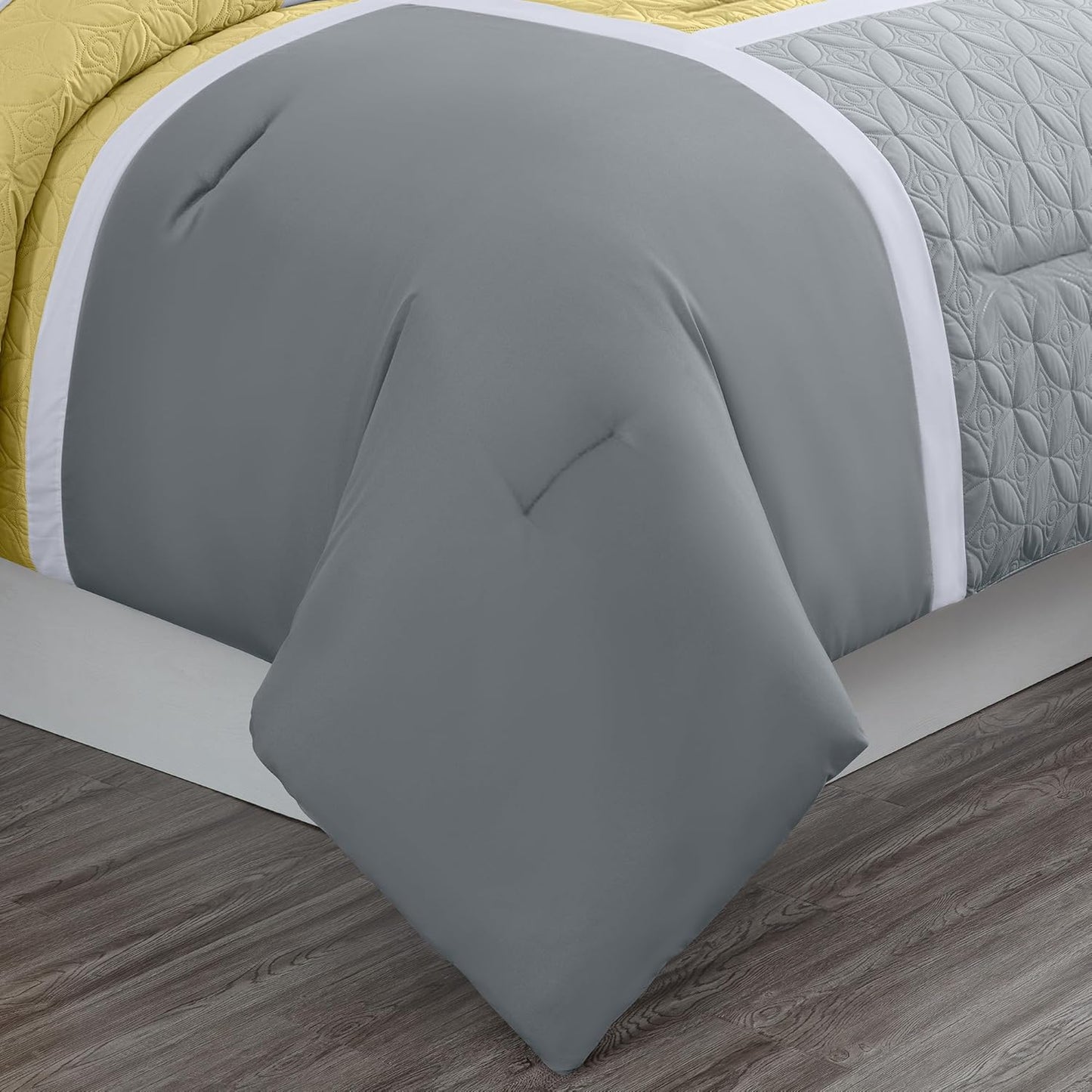 Bernard 7-Piece Full Bed in a Bag - Yellow Charcoal Gray Pieced Color Block Bedding Embossed Medallion Quilted Patchwork Comforter Set with Bed Sheets for All Season