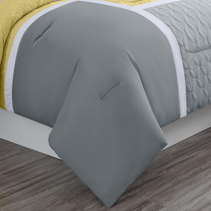 Bernard 7-Piece Full Bed in a Bag - Yellow Charcoal Gray Pieced Color Block Bedding Embossed Medallion Quilted Patchwork Comforter Set with Bed Sheets for All Season