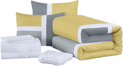 Bernard 7-Piece Full Bed in a Bag - Yellow Charcoal Gray Pieced Color Block Bedding Embossed Medallion Quilted Patchwork Comforter Set with Bed Sheets for All Season