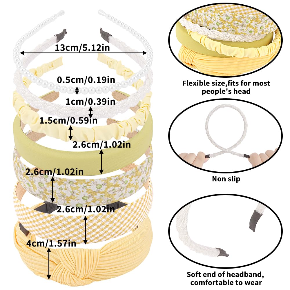 7 Pack Yellow Headbands for Women Girls Headbands Fashion Non Slip Hairbands Cute Hair Accessories Multi-style Headband Pack