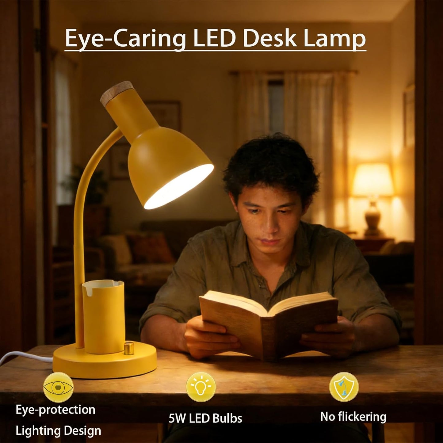 Metal Desk Lamp with Pen Holder, Flexible Arm Reading Lamp for Office Bedroom Study