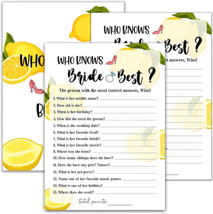 Bridal Shower Games - Lemon Theme Engagement Party Game Cards For Wedding, Bachelorette Party - Citrus Lemon Bridal Shower Decorations - Who Knows Bride Best - 30 Cards(A07)