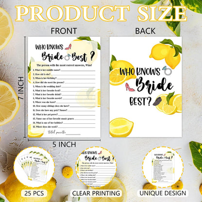 Bridal Shower Games - Lemon Theme Engagement Party Game Cards For Wedding, Bachelorette Party - Citrus Lemon Bridal Shower Decorations - Who Knows Bride Best - 30 Cards(A07)