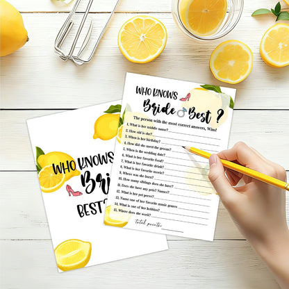 Bridal Shower Games - Lemon Theme Engagement Party Game Cards For Wedding, Bachelorette Party - Citrus Lemon Bridal Shower Decorations - Who Knows Bride Best - 30 Cards(A07)