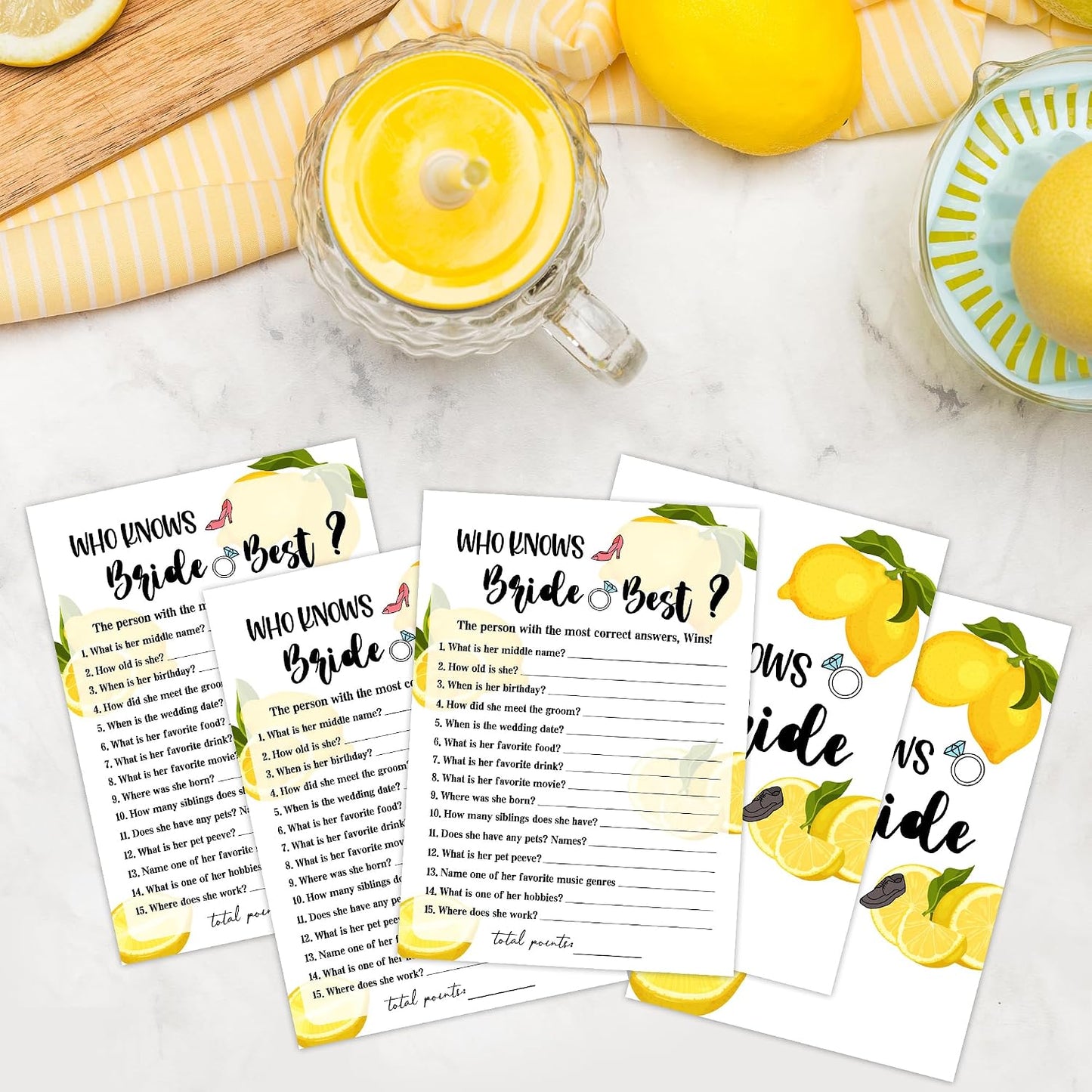 Bridal Shower Games - Lemon Theme Engagement Party Game Cards For Wedding, Bachelorette Party - Citrus Lemon Bridal Shower Decorations - Who Knows Bride Best - 30 Cards(A07)