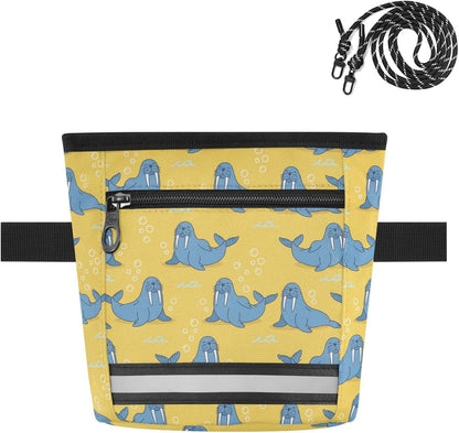 Underwater Walruses Yellow Dog Treat Pouch for Pet Training Dog Treat Bag | with Magnetic Closure, Water-Resistant, 1.7L Capacity, Hands-Free, Adjustable Shoulder Straps, for Night Walks