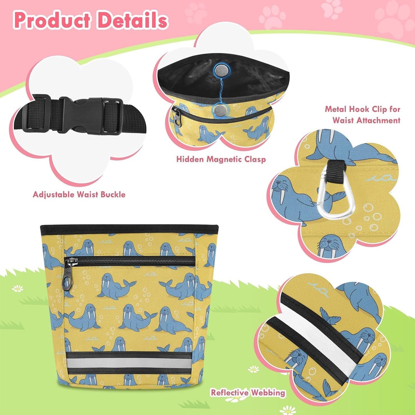 Underwater Walruses Yellow Dog Treat Pouch for Pet Training Dog Treat Bag | with Magnetic Closure, Water-Resistant, 1.7L Capacity, Hands-Free, Adjustable Shoulder Straps, for Night Walks
