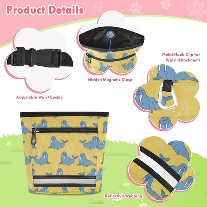 Underwater Walruses Yellow Dog Treat Pouch for Pet Training Dog Treat Bag | with Magnetic Closure, Water-Resistant, 1.7L Capacity, Hands-Free, Adjustable Shoulder Straps, for Night Walks