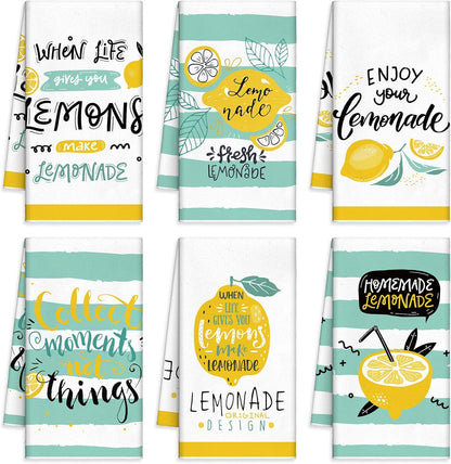 6 Pcs Lemon Kitchen Towels Lemonade Dish Towels with Sayings Decorative Hand Tea Dishcloths for Kitchen Decor with Hanging Loop for Housewarming Gift(Black Yellow,Lemon)