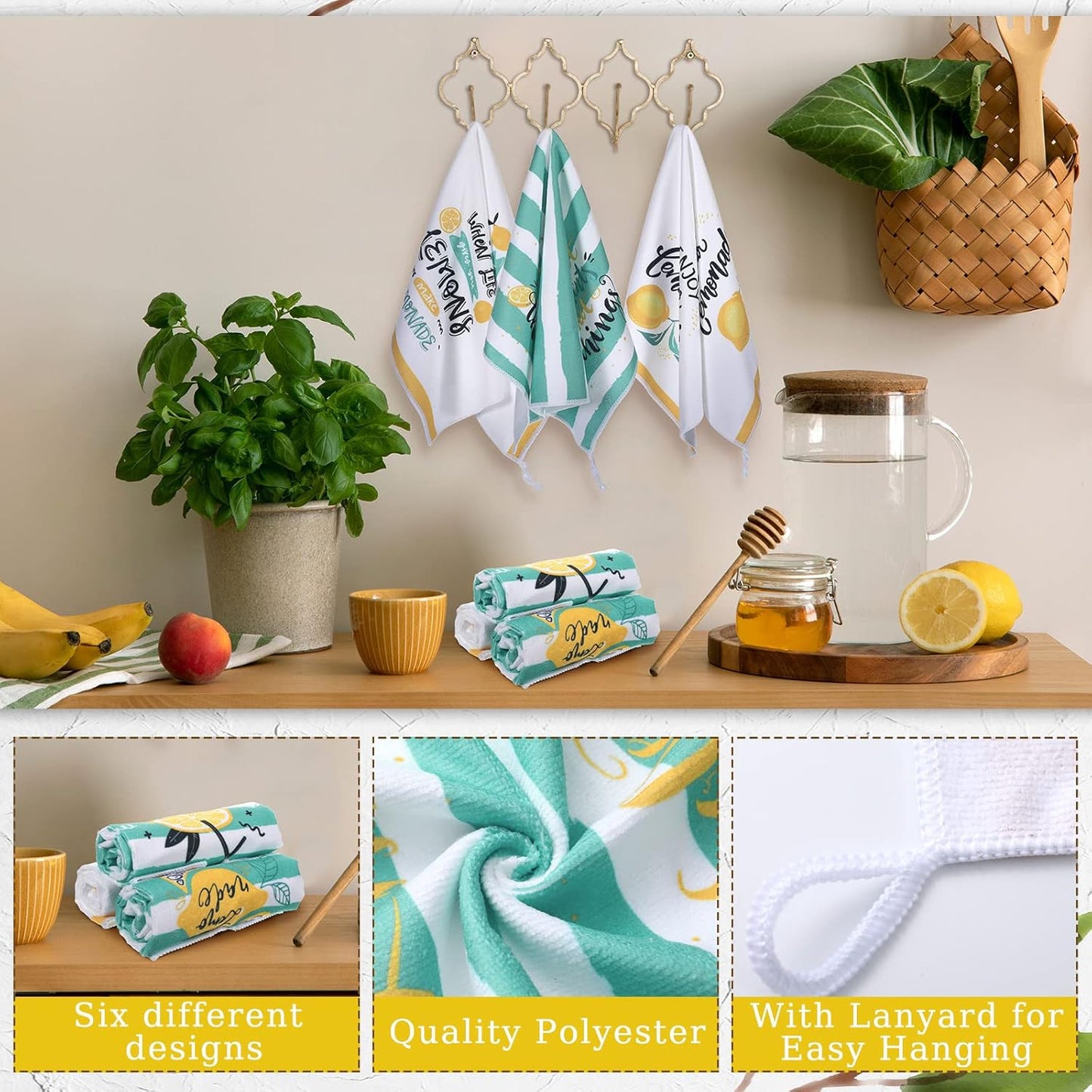 6 Pcs Lemon Kitchen Towels Lemonade Dish Towels with Sayings Decorative Hand Tea Dishcloths for Kitchen Decor with Hanging Loop for Housewarming Gift(Black Yellow,Lemon)