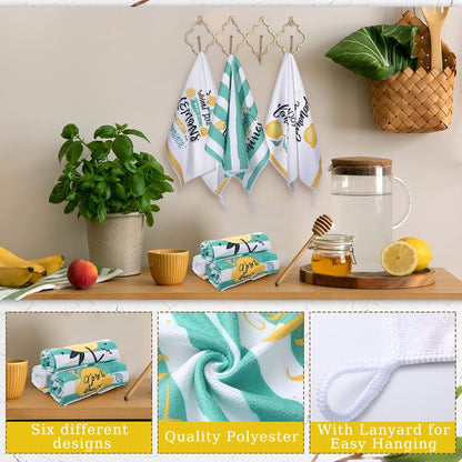 6 Pcs Lemon Kitchen Towels Lemonade Dish Towels with Sayings Decorative Hand Tea Dishcloths for Kitchen Decor with Hanging Loop for Housewarming Gift(Black Yellow,Lemon)