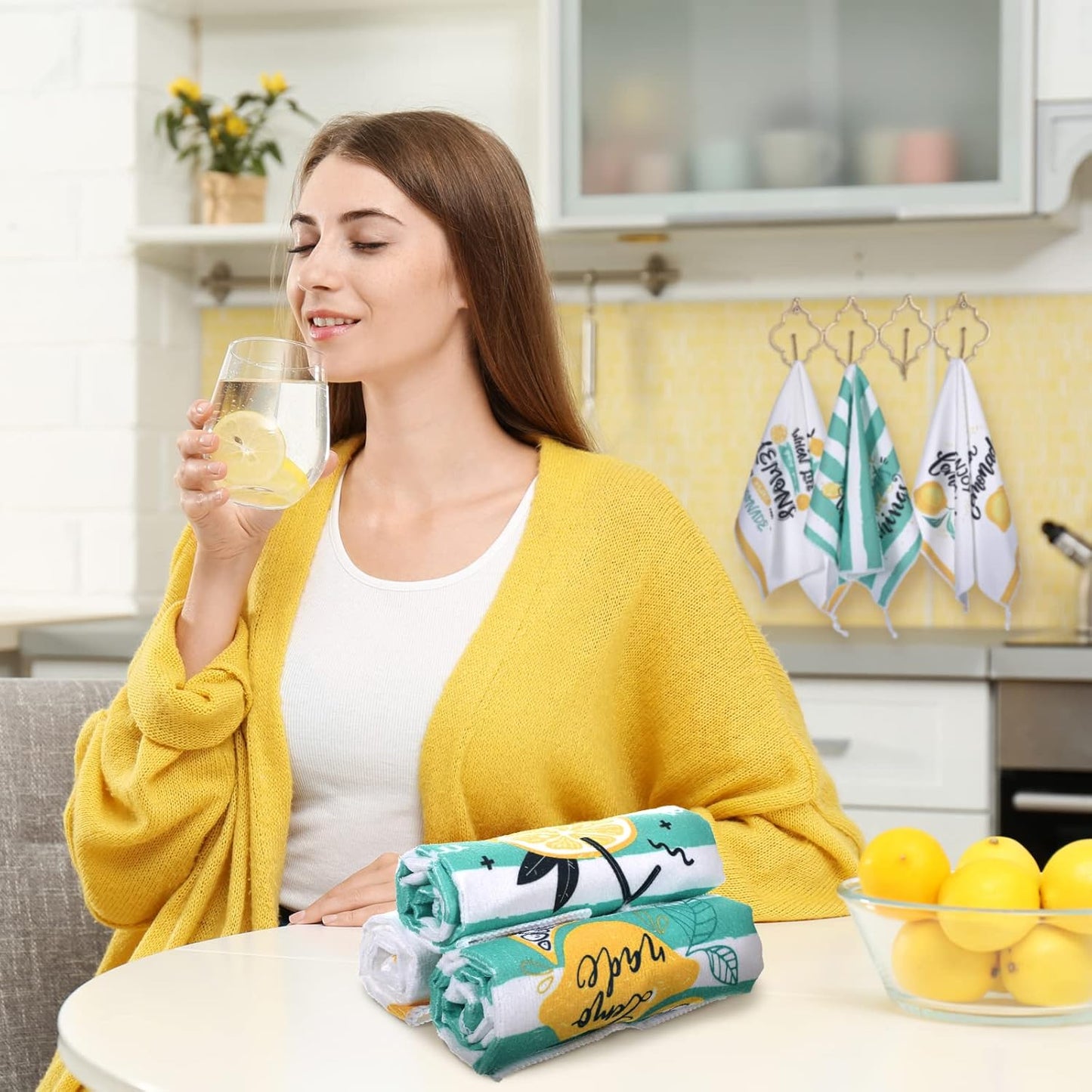 6 Pcs Lemon Kitchen Towels Lemonade Dish Towels with Sayings Decorative Hand Tea Dishcloths for Kitchen Decor with Hanging Loop for Housewarming Gift(Black Yellow,Lemon)