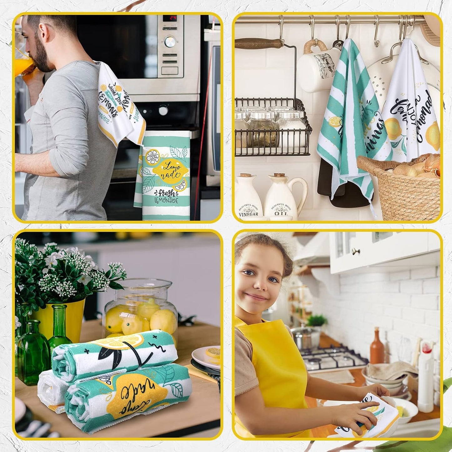 6 Pcs Lemon Kitchen Towels Lemonade Dish Towels with Sayings Decorative Hand Tea Dishcloths for Kitchen Decor with Hanging Loop for Housewarming Gift(Black Yellow,Lemon)