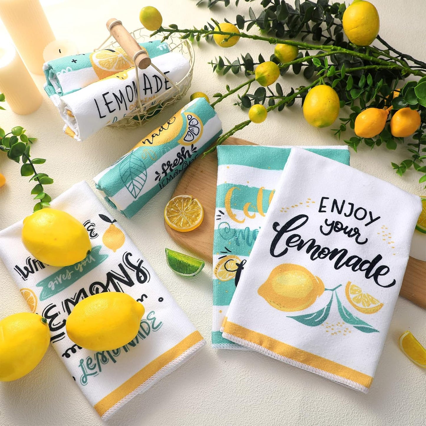 6 Pcs Lemon Kitchen Towels Lemonade Dish Towels with Sayings Decorative Hand Tea Dishcloths for Kitchen Decor with Hanging Loop for Housewarming Gift(Black Yellow,Lemon)