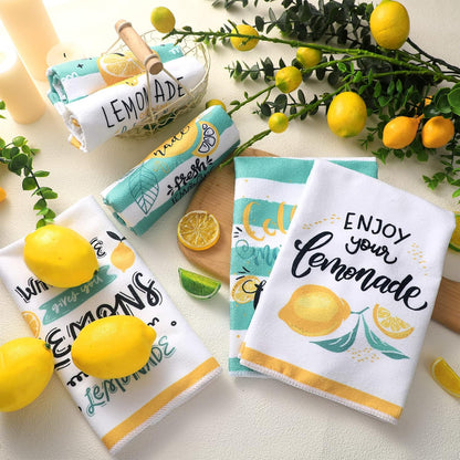 6 Pcs Lemon Kitchen Towels Lemonade Dish Towels with Sayings Decorative Hand Tea Dishcloths for Kitchen Decor with Hanging Loop for Housewarming Gift(Black Yellow,Lemon)