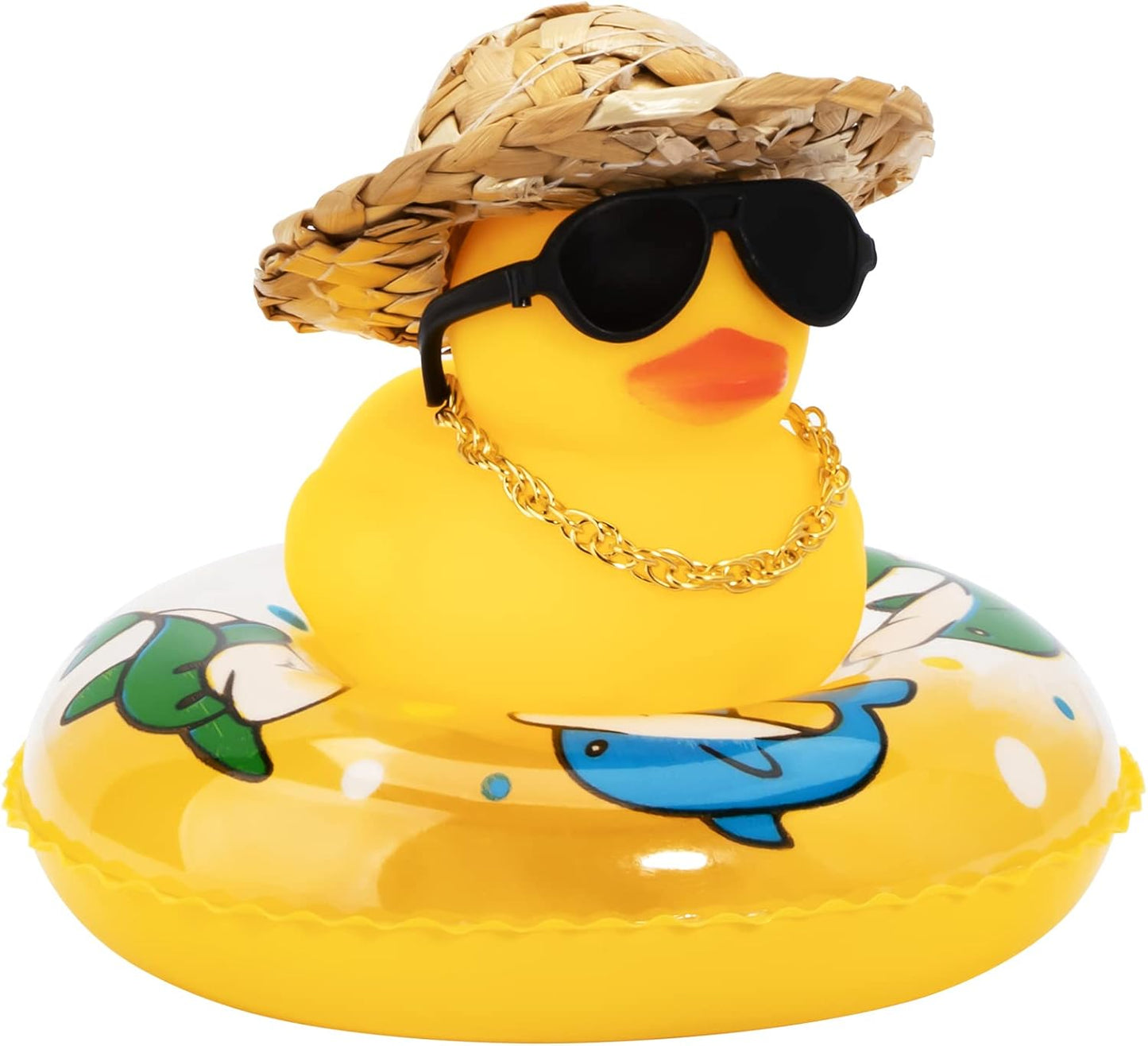 Car Rubber Duck, Yellow Duck Decoration Dashboard with Sun Hat Swim Ring Necklace Sunglasses for Car Dashboard Decorations