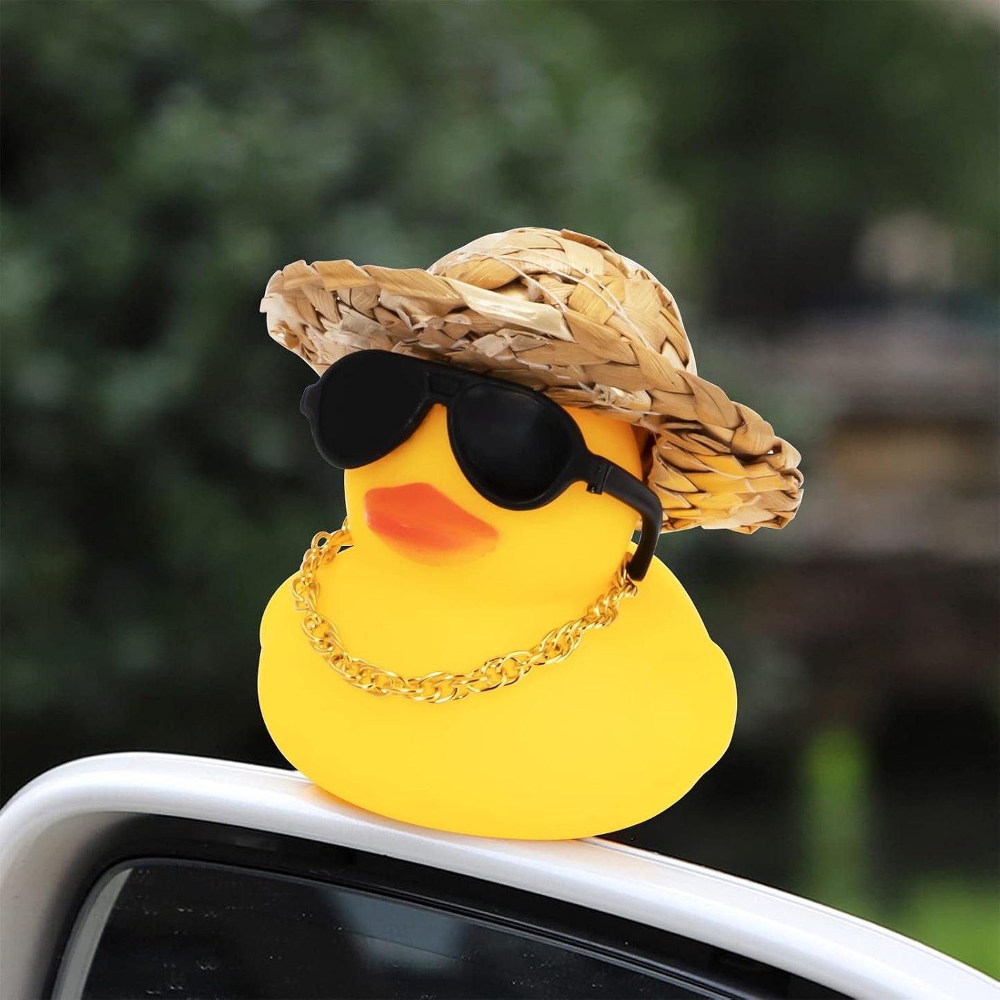 Car Rubber Duck, Yellow Duck Decoration Dashboard with Sun Hat Swim Ring Necklace Sunglasses for Car Dashboard Decorations