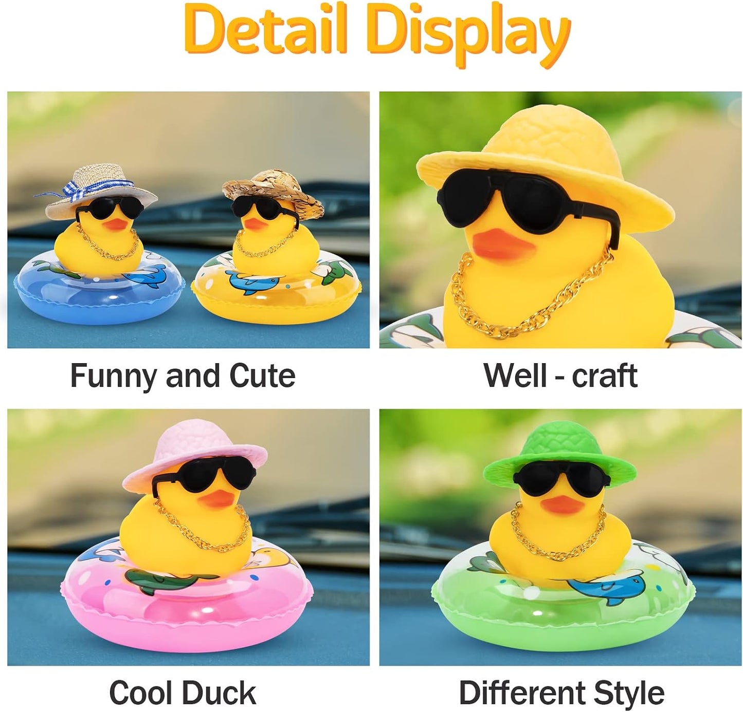 Car Rubber Duck, Yellow Duck Decoration Dashboard with Sun Hat Swim Ring Necklace Sunglasses for Car Dashboard Decorations