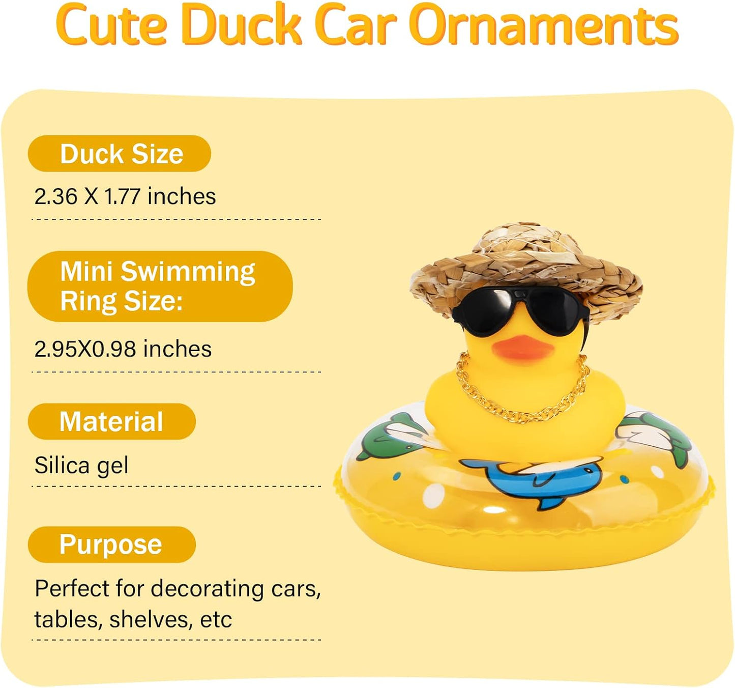 Car Rubber Duck, Yellow Duck Decoration Dashboard with Sun Hat Swim Ring Necklace Sunglasses for Car Dashboard Decorations