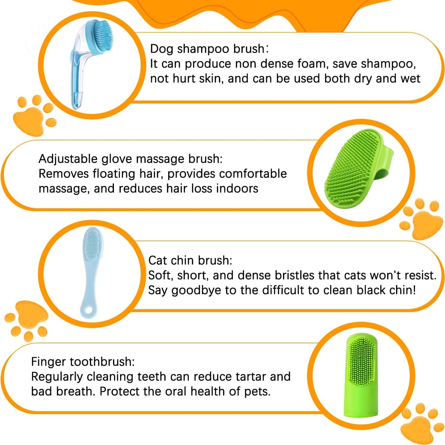 7 PCS Pet Bath Brush Set, Dog Bath Brush with Shampoo Dispenser, Cat Chin Cleaning Brush, Dog Toothbrush, Adjustable Glove Massage Brush, Pet Scrubber for Bathing Long Short Haired Dogs Cats (Yellow)