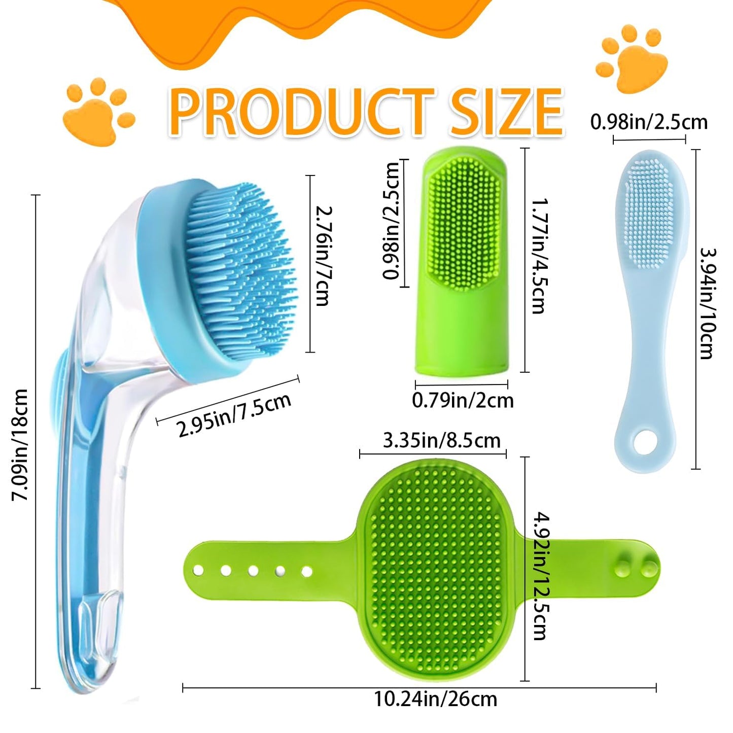 7 PCS Pet Bath Brush Set, Dog Bath Brush with Shampoo Dispenser, Cat Chin Cleaning Brush, Dog Toothbrush, Adjustable Glove Massage Brush, Pet Scrubber for Bathing Long Short Haired Dogs Cats (Yellow)