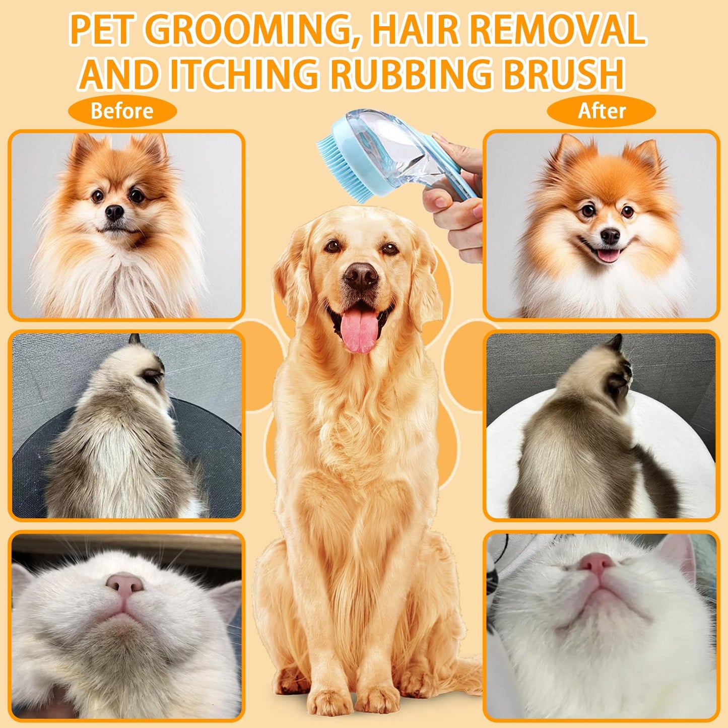 7 PCS Pet Bath Brush Set, Dog Bath Brush with Shampoo Dispenser, Cat Chin Cleaning Brush, Dog Toothbrush, Adjustable Glove Massage Brush, Pet Scrubber for Bathing Long Short Haired Dogs Cats (Yellow)