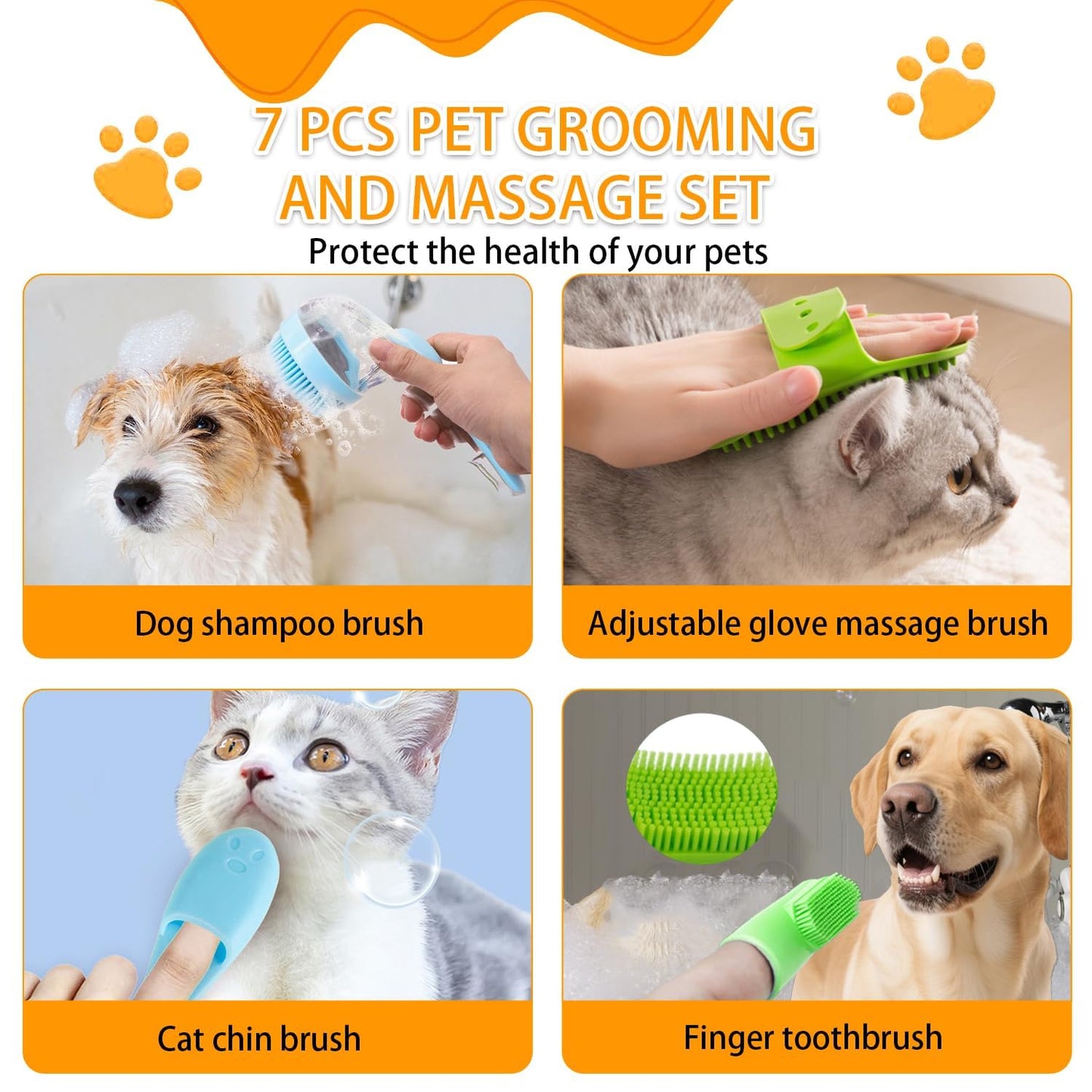 7 PCS Pet Bath Brush Set, Dog Bath Brush with Shampoo Dispenser, Cat Chin Cleaning Brush, Dog Toothbrush, Adjustable Glove Massage Brush, Pet Scrubber for Bathing Long Short Haired Dogs Cats (Yellow)