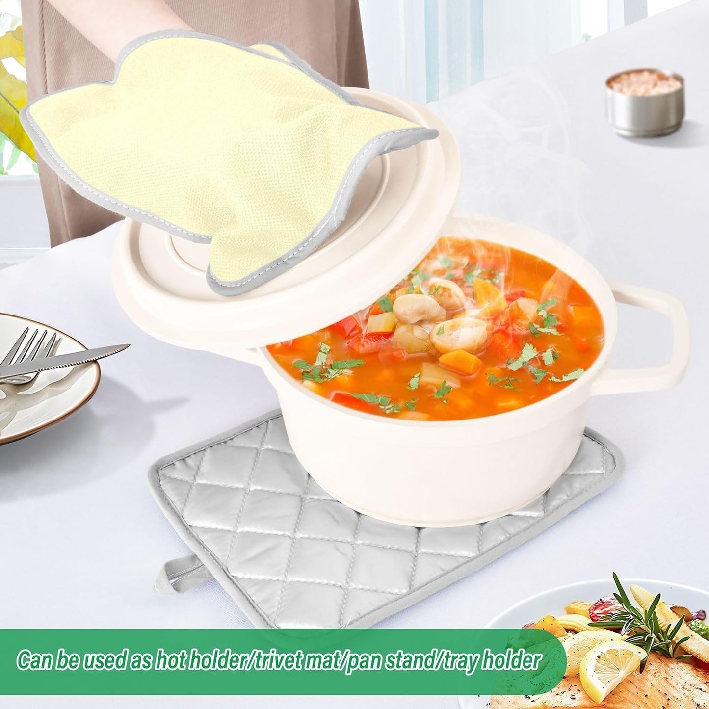 Light Yellow Pot Holders for Kitchen with Hand Pockets Heat Resistant Potholder Trivet Quilted Oven Mitts for Cooking Baking Barbecue 7 * 9.8 in 2PCS
