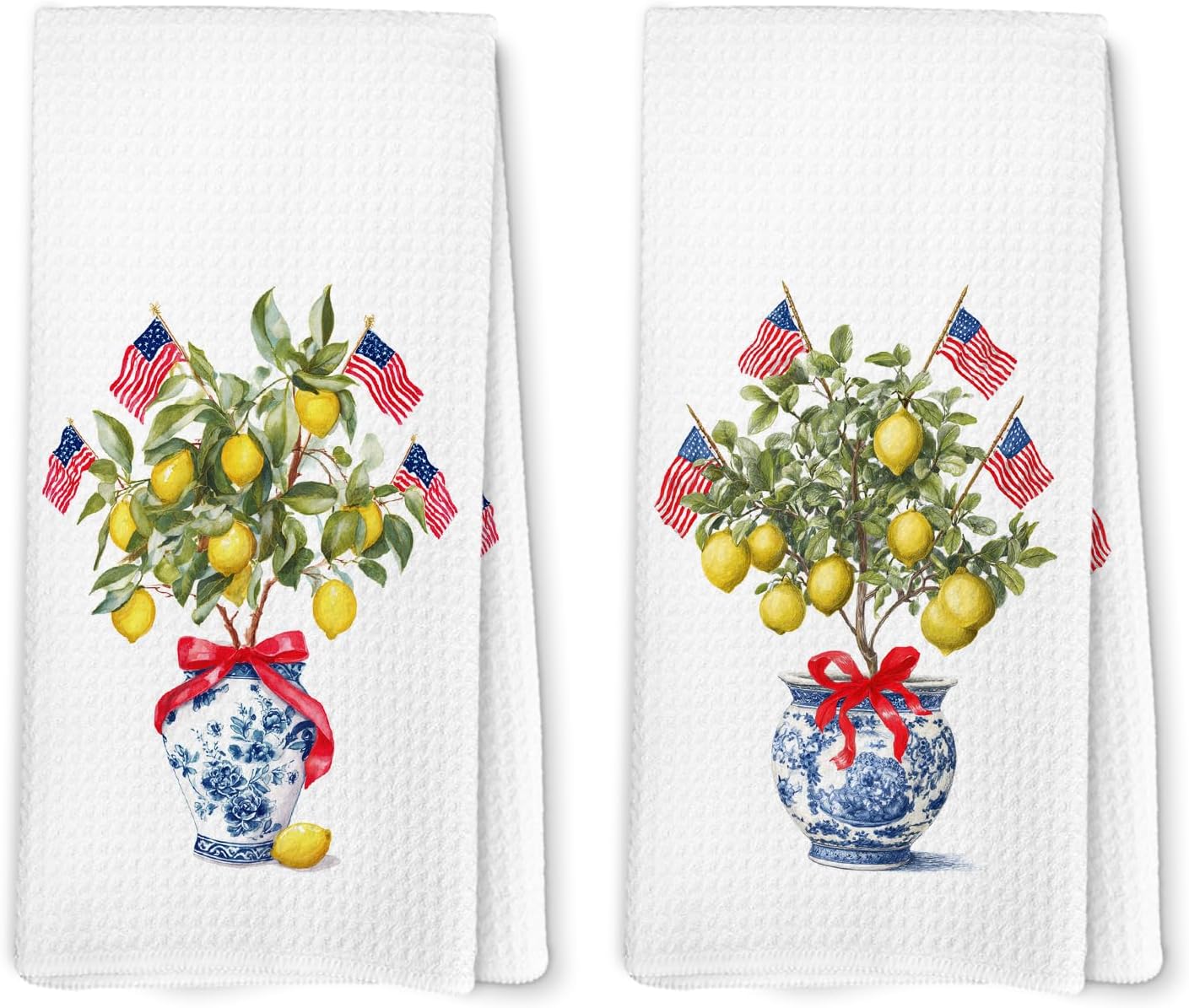 Chinoiserie Lemon Patriotic Kitchen Towels, Patriotic Hand Towels, Lemon Dish Tea Towel for Kitchen, 4th of July Independence Day Decorative Hand Towel for Bathroom 16x24inch, Set of 2