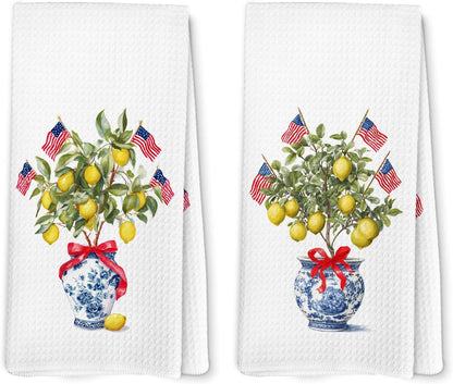 Chinoiserie Lemon Patriotic Kitchen Towels, Patriotic Hand Towels, Lemon Dish Tea Towel for Kitchen, 4th of July Independence Day Decorative Hand Towel for Bathroom 16x24inch, Set of 2
