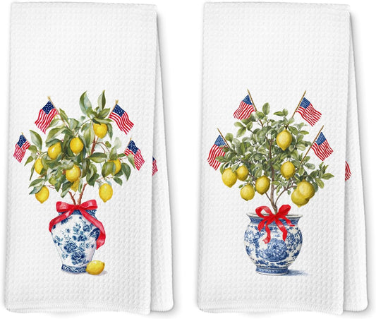 Chinoiserie Lemon Patriotic Kitchen Towels, Patriotic Hand Towels, Lemon Dish Tea Towel for Kitchen, 4th of July Independence Day Decorative Hand Towel for Bathroom 16x24inch, Set of 2