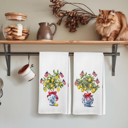 Chinoiserie Lemon Patriotic Kitchen Towels, Patriotic Hand Towels, Lemon Dish Tea Towel for Kitchen, 4th of July Independence Day Decorative Hand Towel for Bathroom 16x24inch, Set of 2